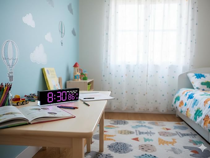 7-Inch Modern LED Digital Alarm Clock with Dual Alarms & Soft Bottom Light｜Displays Time, Date, Day, Temperature｜3-Level Auto/Manual Brightness, DST, USB or Battery Powered Desk Clock,Rose-Red
