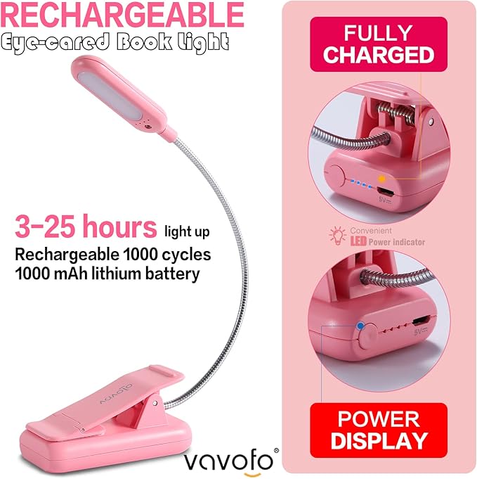 VAVOFO Rechargeable Book Light for Reading in Bed Kids, 7 LED Reading Light with 9-Level Warm Cool White Daylight, Eye Care Lamp with Power Indicator for Bookworms (Pink)