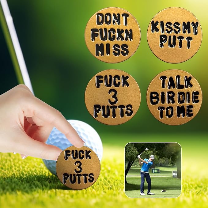 Funny Golf Ball Marker, for Men Adult Humor Novelty Golf Ball Markers with Funny Words, Unique Golf Gag Gifts for Men or Womsen Golfer, 4pcs Brown