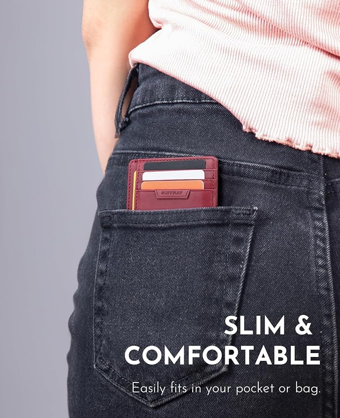 Buffway Slim Wallet for Men Women Minimalist Small Leather Front Pocket Wallets with RFID Blocking and Gifts Box - Bassa Mars Red