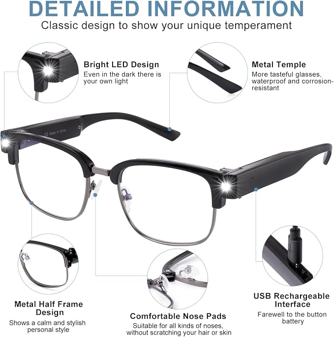 Reading Glasses with Lights USB Rechargeable Bright LED Readers Lighted Eyewear Clear Vision Unisex