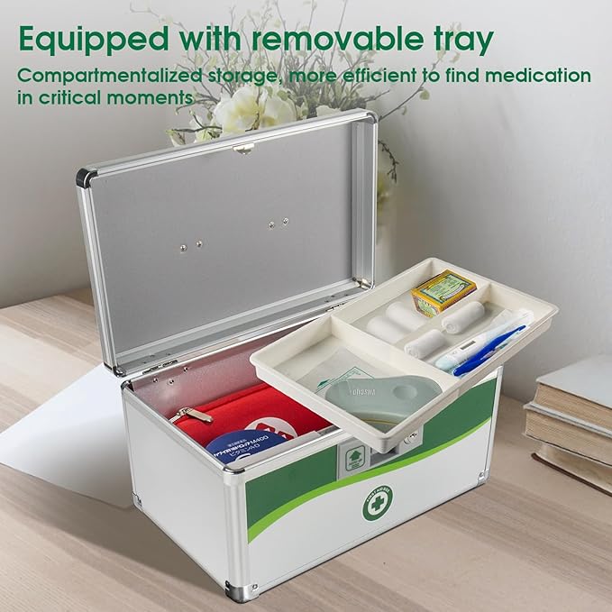 Medicine Lock Box with Keys, Medication Storage Lock Box, (Size-Medium 12 * 7 * 7.1inch) First Aid Safe Layered Aluminum Daily Medicine Lockable Box with Key