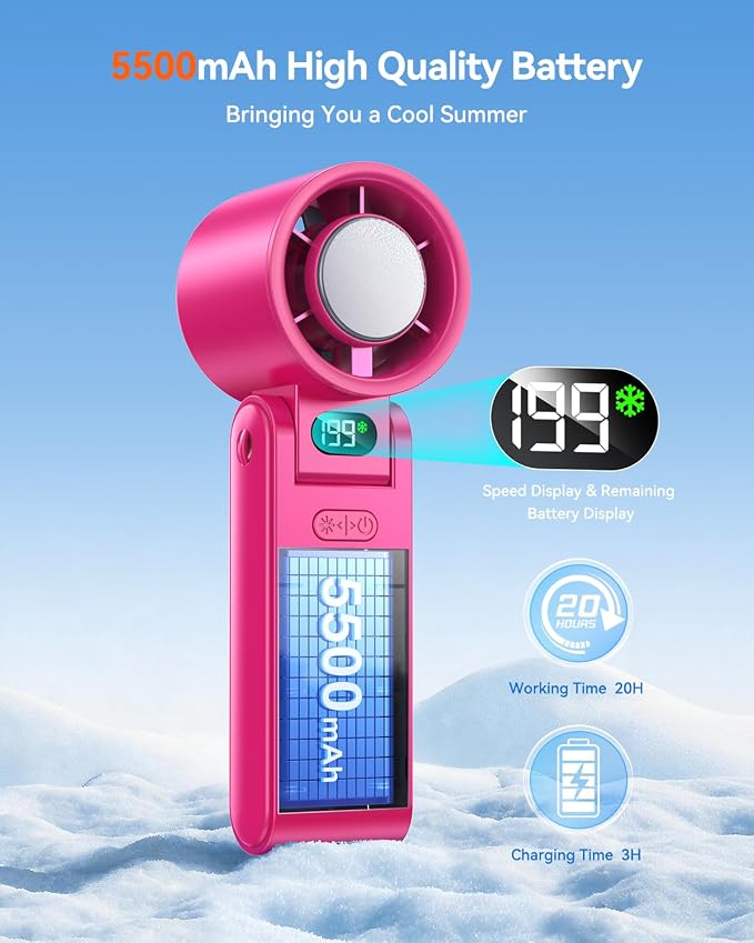 Portable Handheld Fan with Ice Cooler, 199 Speed Personal Fan,5500mAh Rechargeable,20H Cooling Time,20000 RPM Powerful Motor, Summer Essential for Travel/Outdoor/Office, Hot Pink