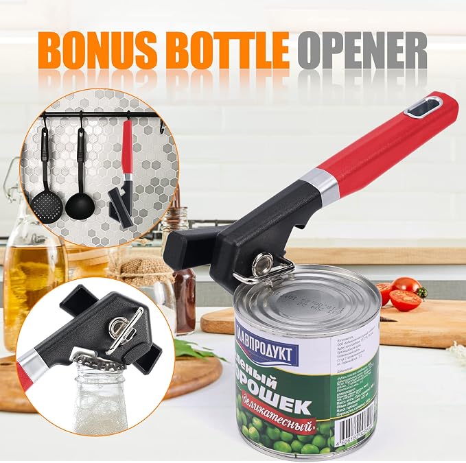 2 in 1 Safety Can Opener Manual Smooth Edge & Bottle Opener, No-Trouble-Lid-Lift Manual Can Opener with Magnet, Large Rubber Handle & Stainless Steel Blade, Side Cut Hand Can Opener for Kitchen (Red)