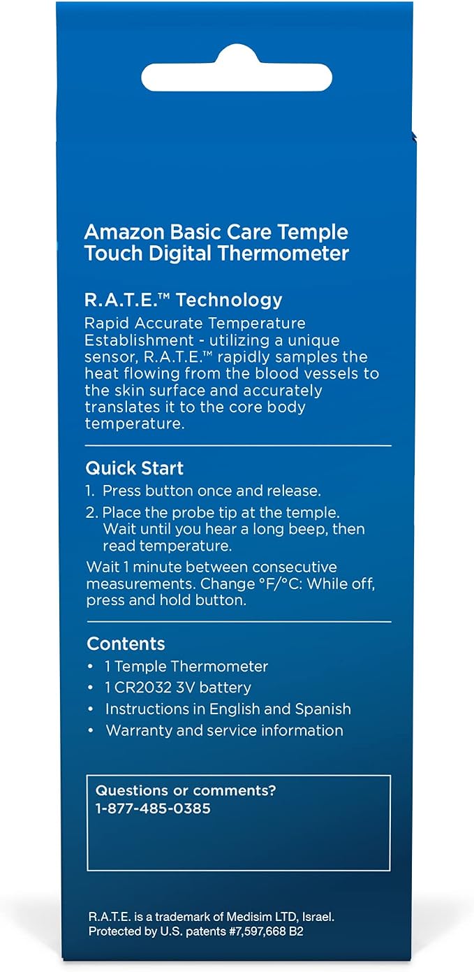 Amazon Basic Care Temple Touch Digital Thermometer, Instant Read, Easy to Use, Fast Accurate, White