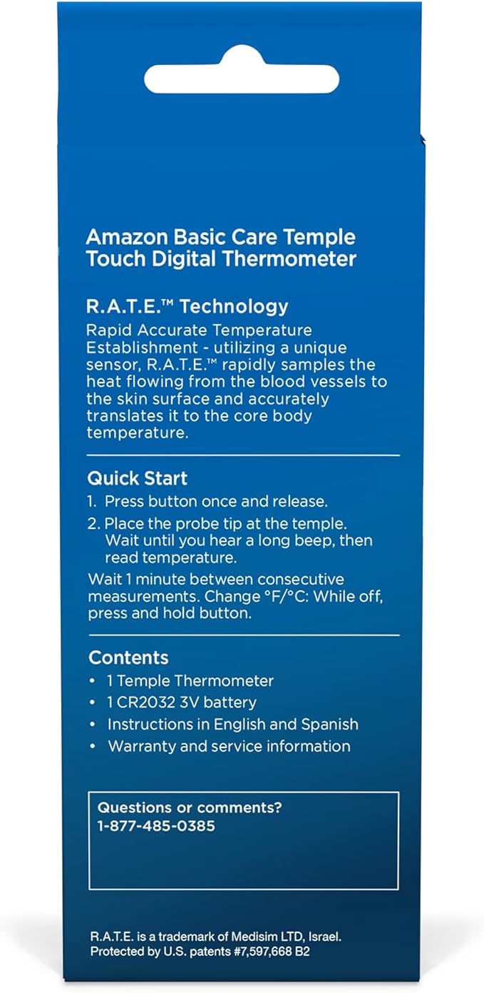 Amazon Basic Care Temple Touch Digital Thermometer, Instant Read, Easy to Use, Fast Accurate, White (Pack of 2)