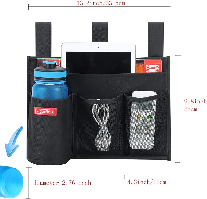 Zafit Hanging Bedside Caddy, Bedside Storage Organizer for Magazine, Phone, Remote control (4 Pockets-Black)