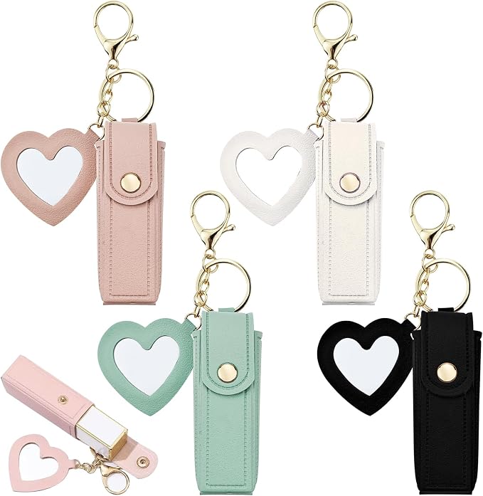 Arvintas 4 PACK PU Leather Potable Chapstick Holder Key Chain Bulk with Mirror, Lipstick Keychain, Lip Balm Organizer Holder Lipstick Travel Makeup Storage Case for Women Girls (Style 1)