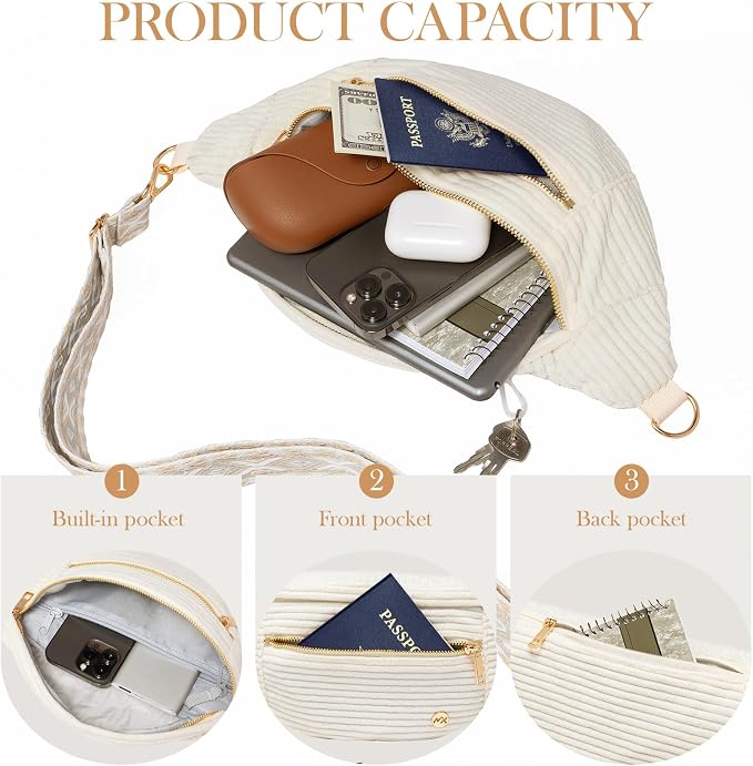 Beige Corduroy Crossbody Bag Women Vintage Boho Fanny Pack with Gold Zipper | Geometric Wide Strap,Versatile,4-Zipper Pockets,Ideal for for Travel Casual Outdoors Shopping Daily Vacation
