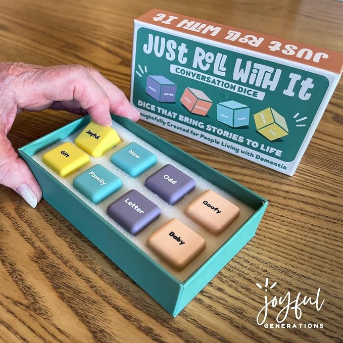 Just Roll With It Conversation Dice | Dementia Activities for Seniors | Alzheimer’s & Dementia Story Dice Cubes | Great for Individuals Living with Dementia, Families and Caregivers