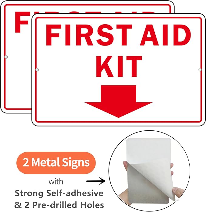 First Aid Sign, (2 Pack) Self Adhesive First Aid Kit Sign for Wall, Aluminum Metal Signs With 2 Pre-drilled Holes (9 x 6 inches, White/Red)