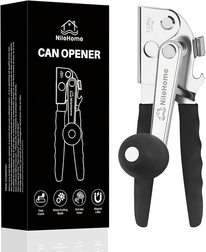 NileHome Commercial Hand Crank Can Opener with Extra-Long Handles, Black | Heavy Duty Durable, Built-In Magnet, Smooth Cranking, Manual Can Opener, Ideal for Large Cans, Senior-Friendly