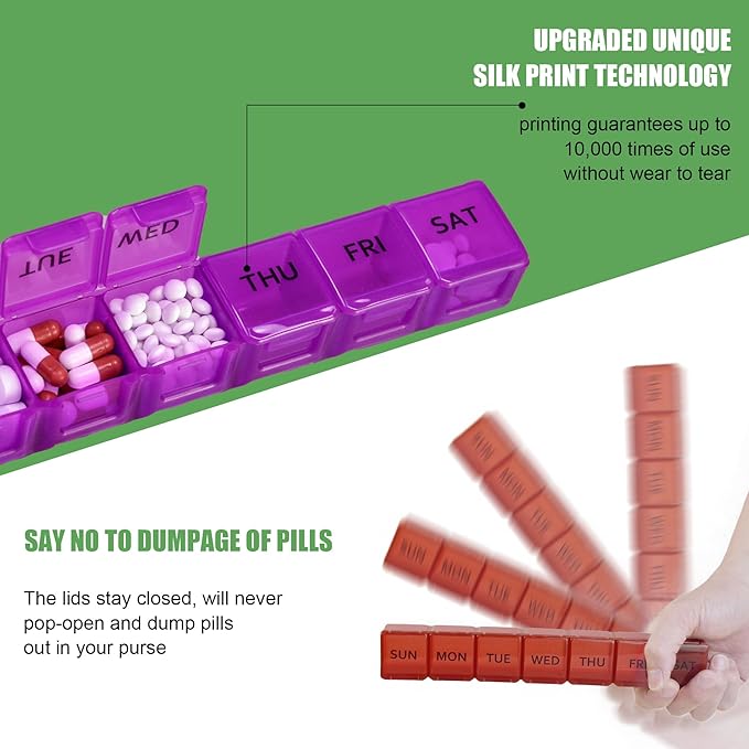 2 Pack Weekly Pill Organizer, Large 7 Day Pill Case, Daily Vitamin Case Medicine Box, AM/PM Pill Containers for Medicine Supplements Fish Oil (Red & Purple)