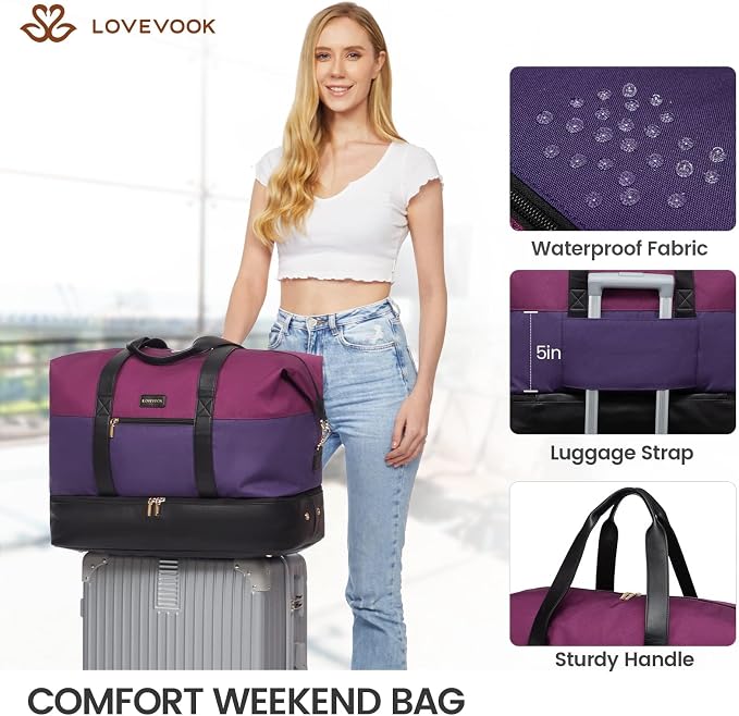 LOVEVOOK Weekender Bag for Women, Large Duffle Bag for Travel with 2 Packing Cubes, Carry on Overnight Bag with Shoe Compartment, Mom Hospital Bags for Labor and Delivery