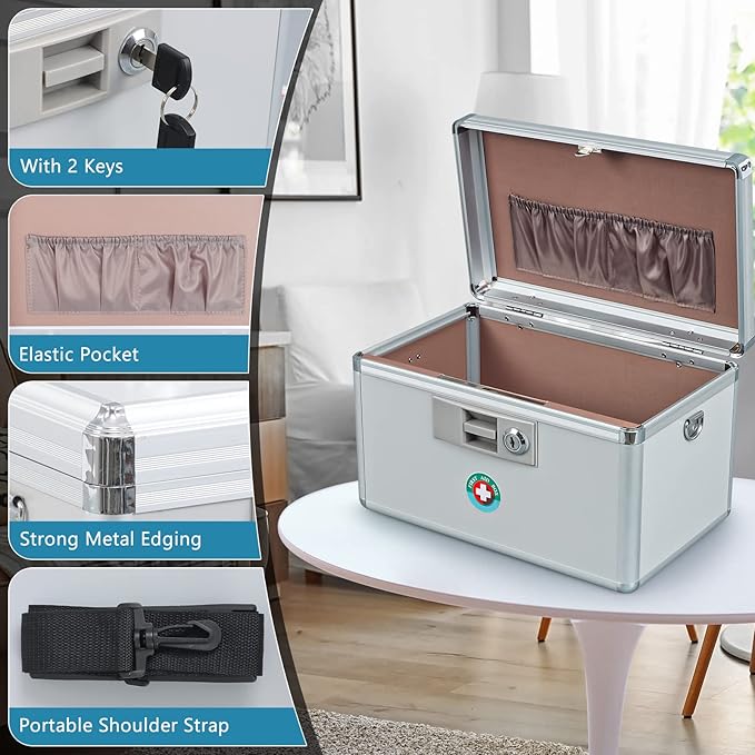 KYODOLED Large Medication Lock Box, Locking Medicine Safe with Key, Ideal for Secure First Aid and Drug Storage, White, 13.9'' x 7.8'' x 8.6'', Theft-Resistant Design