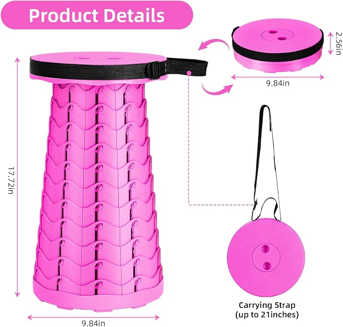 Qiguet Collapsible Stool, Folding Chair - Upgraded Portable Chair with Load Capacity 400lbs, Portable Stool for Camping Fishing Hiking - Folding Stool with Carrying Strap,Gifts for Fisherman(All Pink)