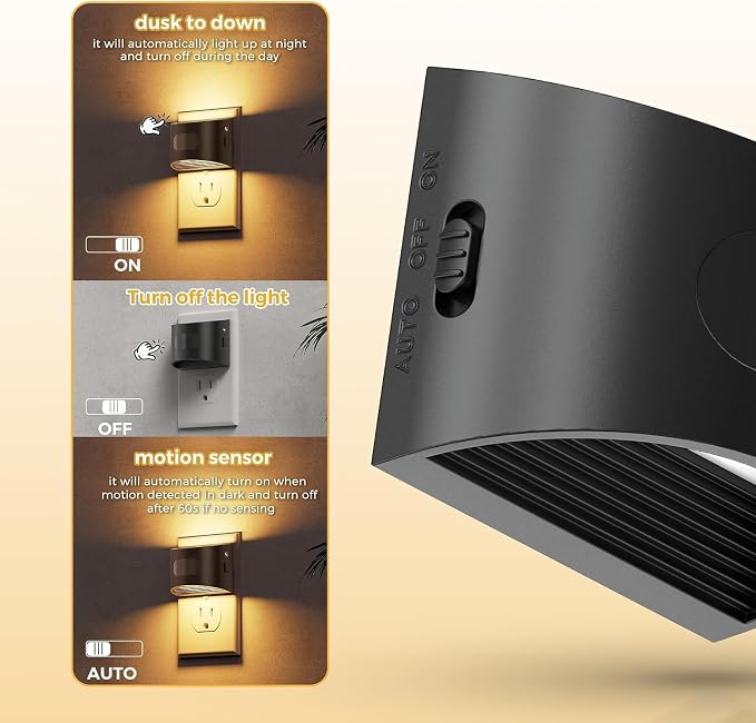 L LOHAS LED Motion Sensor Night Light, Night Lights Plug into Wall, 2 Pack | Nightlight with Dusk to Dawn & Motion Detection Sensor, 30-100Lm Adjustable Brightness, 3000K Warm White, Black Housing