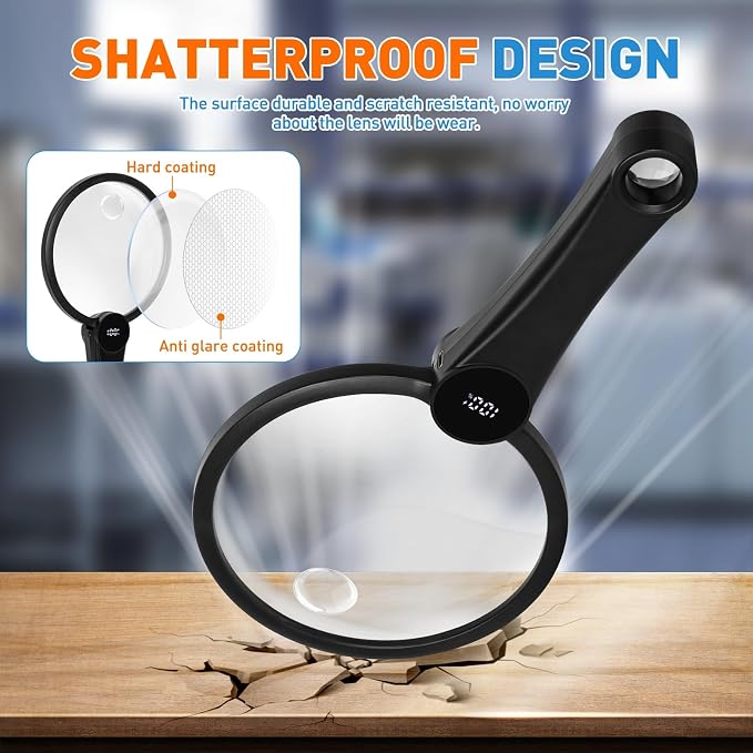 15X 30X 45X Rechargeable Magnifying Glass with Light(LCD Display) | Battery Level Indicator, 49 Anti-Flicker LEDs, 5.2" Large Handheld Magnifier for Seniors Reading Coin & Jewelry Inspection