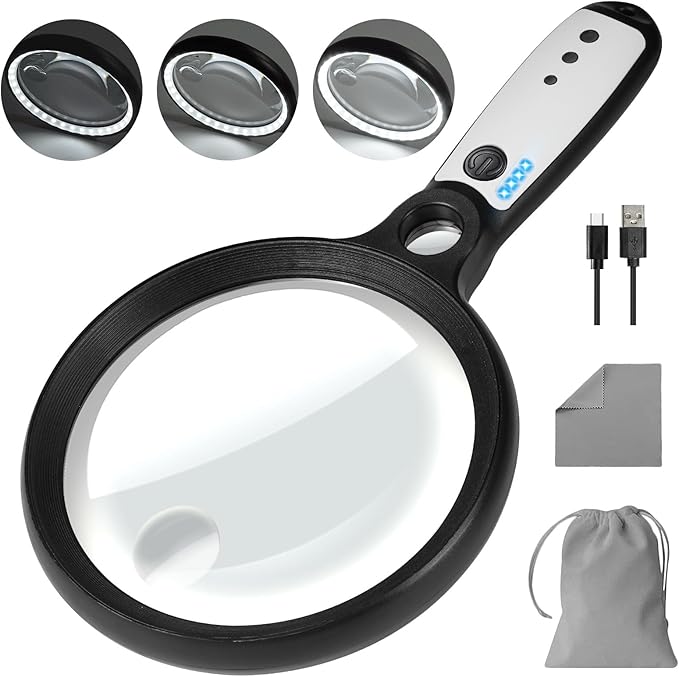 Large Magnifying Glass with 37 LED Light, 10X 20X 45X Handheld Illuminated Lighted Magnifier with 3 Light Modes Rechargeable Magnifying Glass for Seniors Reading, Inspection (Black & White)