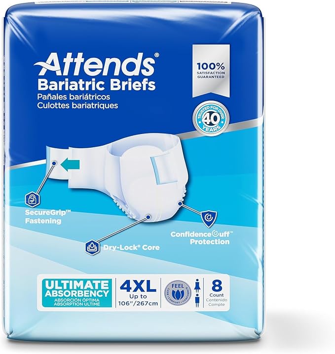 Attends Bariatric Incontinence Disposable Briefs, 4X-Large, Up to 106" Waist with Tab Closures, Ultimate Absorbency, Dry-Lock Containment Core and ConfidenceCuff Leakage Protection, 4XL 8ct Bag
