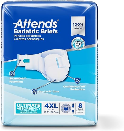 Attends Bariatric Disposable Briefs, 4X-Large, up to 106” Waist with Tab Closures, Ultimate Absorbency and Leakage Protection, 32ct Case