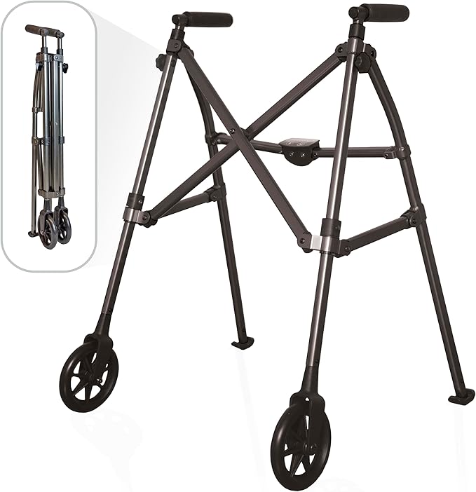 Stander Space Saver Walker, Lightweight Folding Rolling Mobility Aid for Seniors & Adults, Compact 2-Wheel Disability Device with 6-inch Wheels & Ski Glides for Walking Support, Black Walnut