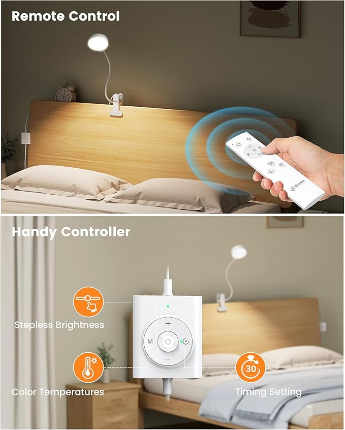 Glocusent 5W 36 LED Reading Clip on Light for Bed, Eye Caring Bed Lamp, 3 Colors & 5 Brightness Levels for Headboard with Adapter, Perfect for Reading, Working & Studying (White with Remote)