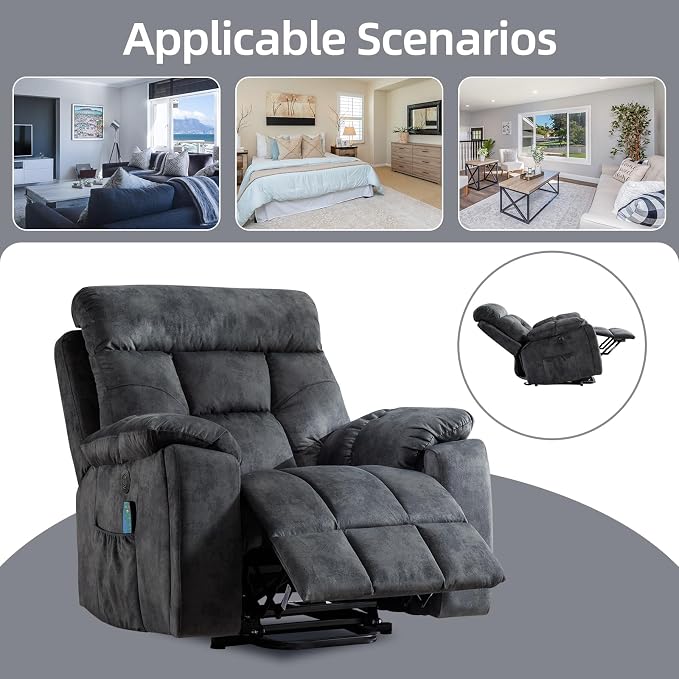 Large Power Lift Recliner Chair with Massage and Heat for Elderly Big and Tall People, Overstuffed Wide Recliners with 2 Cup Holders, Side Pocket and USB Port, Grey