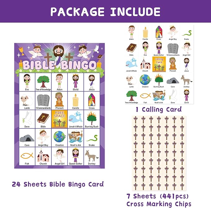 WorldBazaar Bible Bingo Game for Kids 24 Players Jesus Christian Bingo Game Cards Vacation Bible Sunday School Church Family Open Day Classroom Supplies
