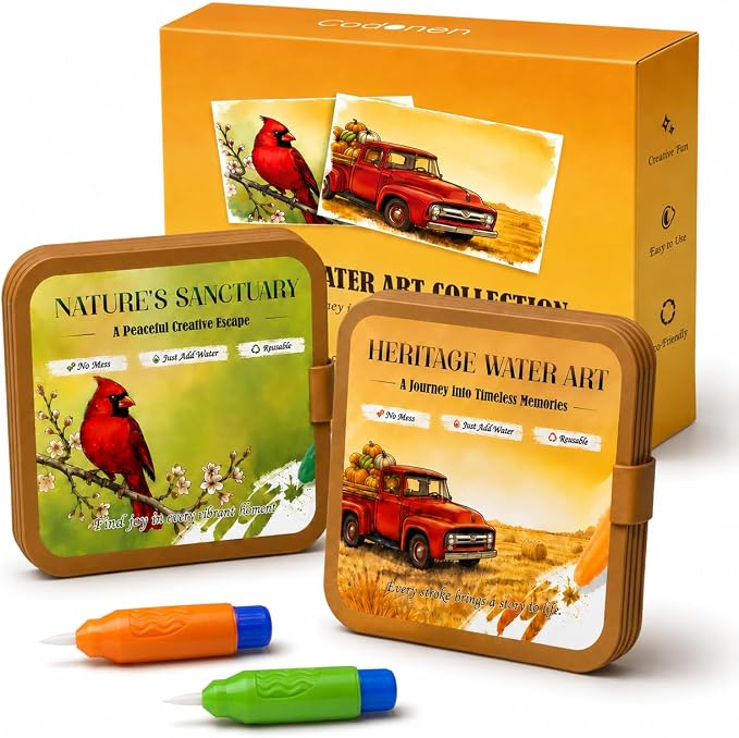 Codonen 2 Pack Reusable Water Painting Books for Seniors, No-Mess Water Reveal Activity Set for Dementia & Alzheimer’s Care, 20 Pages, 2 Pens, Gift for Elderly Loved Ones