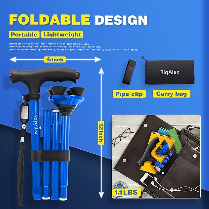 BigAlex Folding Walking Cane with LED Light,Pivoting Quad Base,Adjustable Walking Stick with Carrying Bag for Man/Woman (Alloy Base)