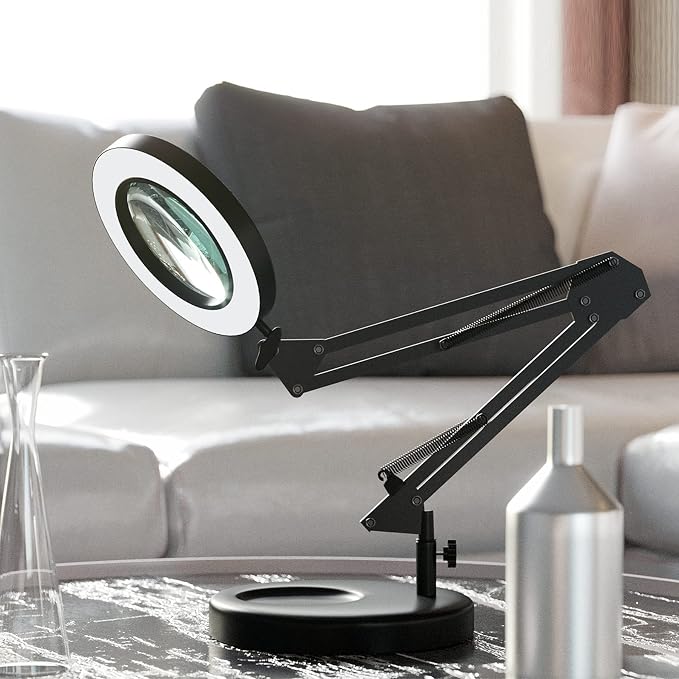 HITTI 12X Magnifying Glass with Light, 1,800 Lumens Stepless Dimmable, 3 Color Modes, 4.2″ Real Glass Lens LED Desk Lamp & Clamp, Magnifier Light and Stand for Crafts, Soldering, Fly Tying, Close Work