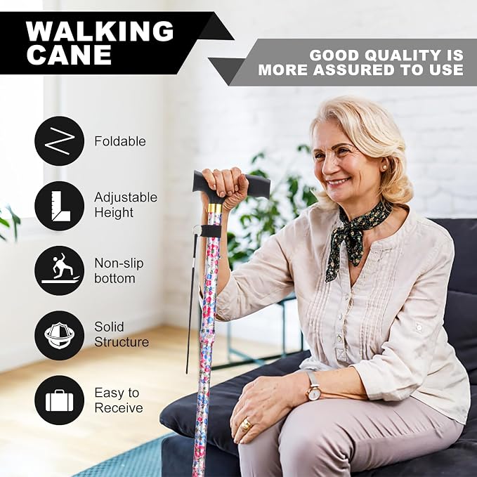 PARLORA Walking Cane for Women and Men, Collapsible, Lightweight, Sleek, Foldable Folding Cane | Walking Sticks for Seniors & Adults with Comfortable T-Handle