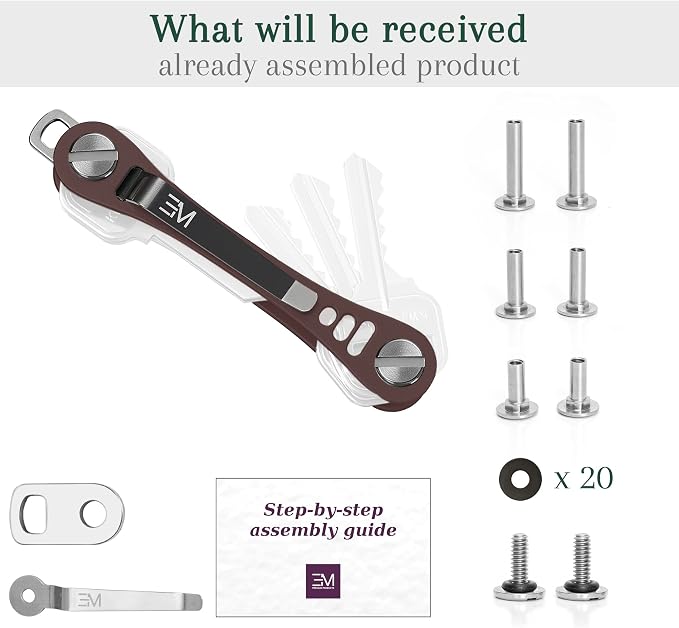 EM Compact Key Holder, Pocket Key Organizer, 14 Keys Key Bar | Fits 4.6 mm or larger keyholes only. Small hole keys like mailbox keys may not fit. Anti jingle, removable clip