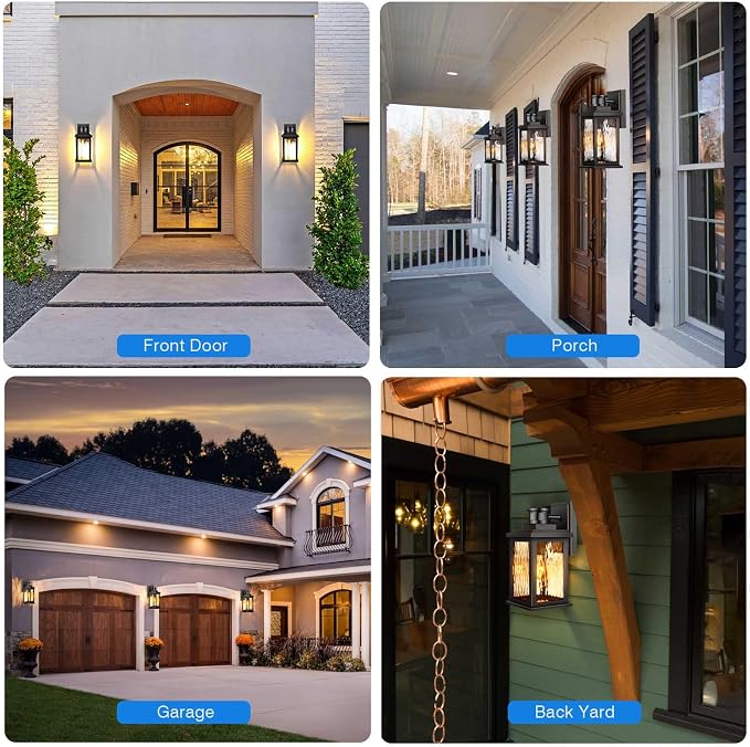 VIANIS Motion Sensor Exterior Lights for House, Dusk to Dawn Porch Lights | Waterproof Aluminum, Tempered Water Glass, 2 Pack Sconce Outdoor, Moden Black Outdoor Sconce Lights Lantern for Garage, Patio