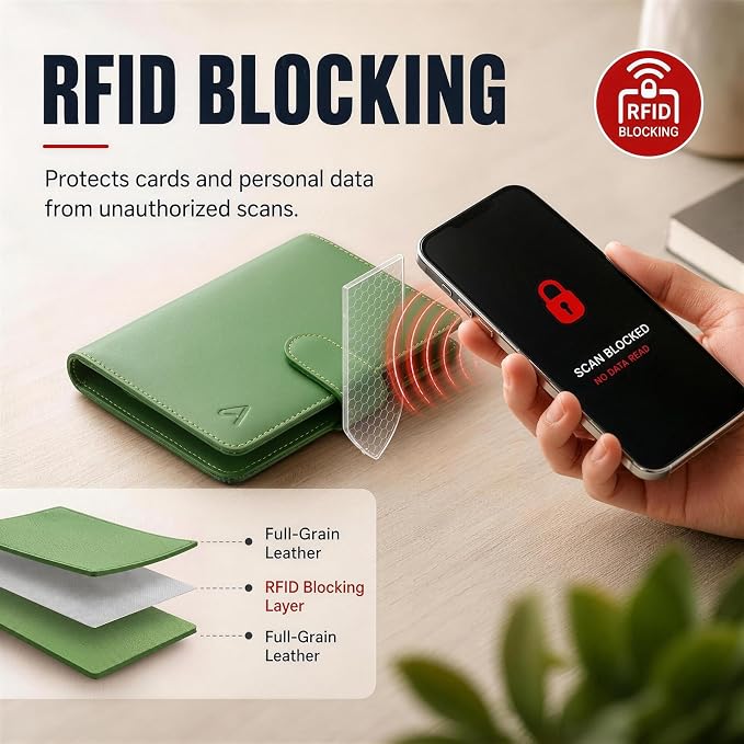 ALLIVE Genuine Leather Family Passport Wallet, Rfid Blocking Passport Holder for Travel, passport cover with AirTag Slot for Women & Men, Airport Essentials, Family Travel Gift (Avocado Green)