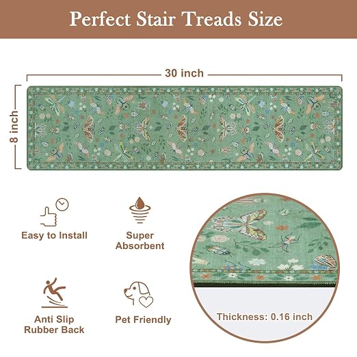 OJIA Insect Non-Slip Stair Treads for Wooden Steps 4PC 30"X8" Stair Runners | Indoor Anti-Slip Stair Rugs Safety Mats for Dogs, Kids & Elders, Rubber Backed Stair Treads Stair Covers, Green