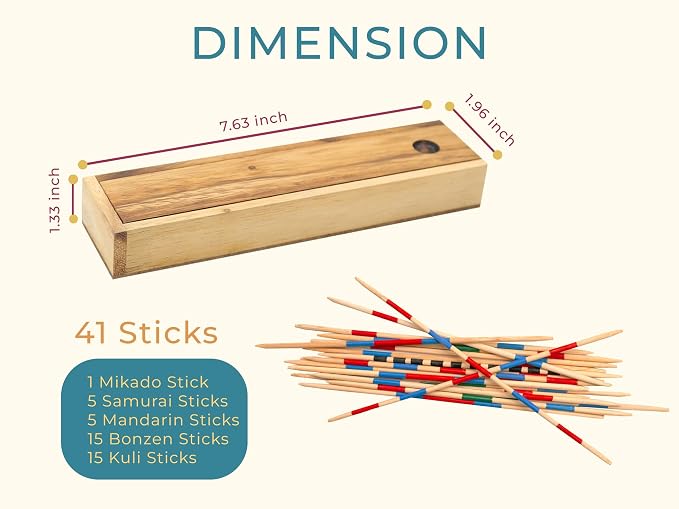BSIRI Mikado Wooden Pick Up Sticks Game Original Classic Old Fashion Chinese Board Games for Adults and Seniors Toys in Family Brain Teasers of Mathematics Fun Table Wood Pickup Stick