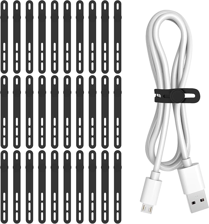 Donruby 30Pcs Silicone Cable Ties - Reusable & Washable with Adjustable Locking Buckles, High Elasticity Cable Management Straps for Home, Office, School, Travel Essential Cord Organizer (Black)