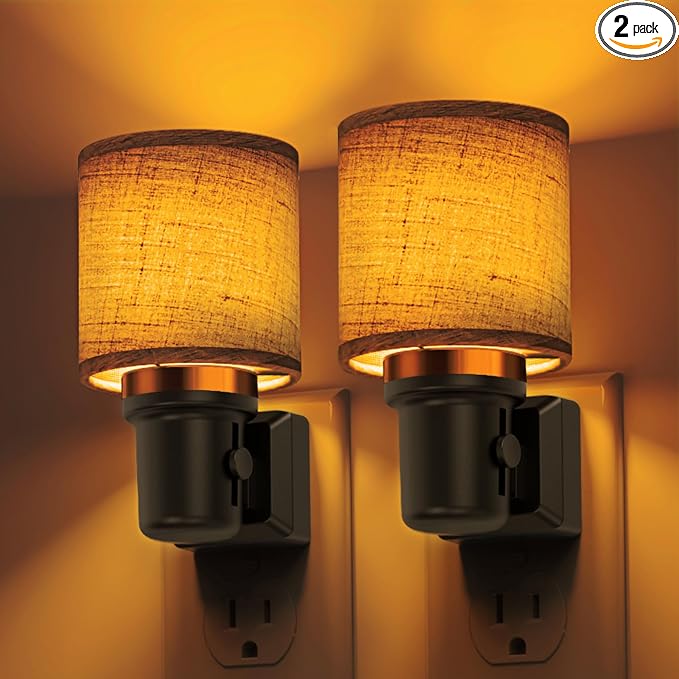 L LOHAS LED Night Lights Plug into Wall,Linen Fabric Cylinder Night Light | 2 Pack Dusk to Dawn Sensor Vintage Nightlight, Amber Warm Light 0-100LM Dimmable, Decor for Bedroom Living Room Hallway