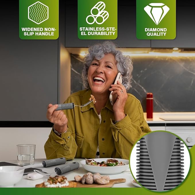 Adaptive Utensils 4 Piece Set Weighted Utensils for Hand Tremors Easy Grip Parkinsons Utensils Extra Wide Handles Built up Utensils for Adults with Knife Fork Spoon for Disabled Arthritis People（Grey）