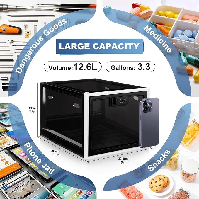 Gemaxvoled 2 Pack Medicine Lock Box, Large Capacity Premium Material Lockable Storage Bin Organizer Box with Combination Code for Safe Medication/Fridge Food/Snacks/Phone/Tablet Jail(Black)