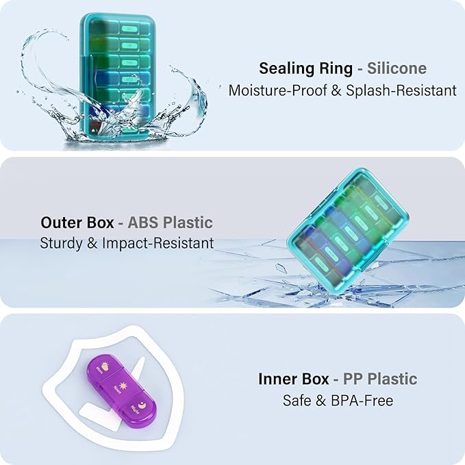 Weekly Pill Organizer 3X a Day, 7 Day Pill Box 3 Times, Portable for Travel Pill Case for Pills/Vitamin/Fish Oil/Medication/Supplements (3x7 Blue+Rainbow)