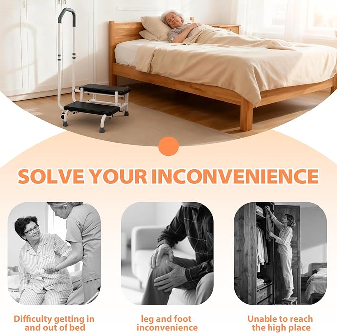 Step Stool with Handle for Elderly with Lockable Casters 5-Level Adjustable Handrail Non-Slip Platform Bed Steps for High Beds for Adults for Bathtub Kitchen High Beds Foot Stool