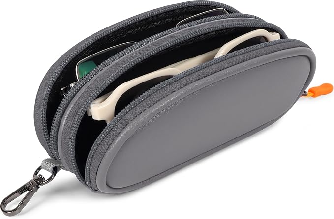 Double Eyeglasses Case Soft Portable Zipper Sunglasses Pouch with Keychain Clip for Men Women