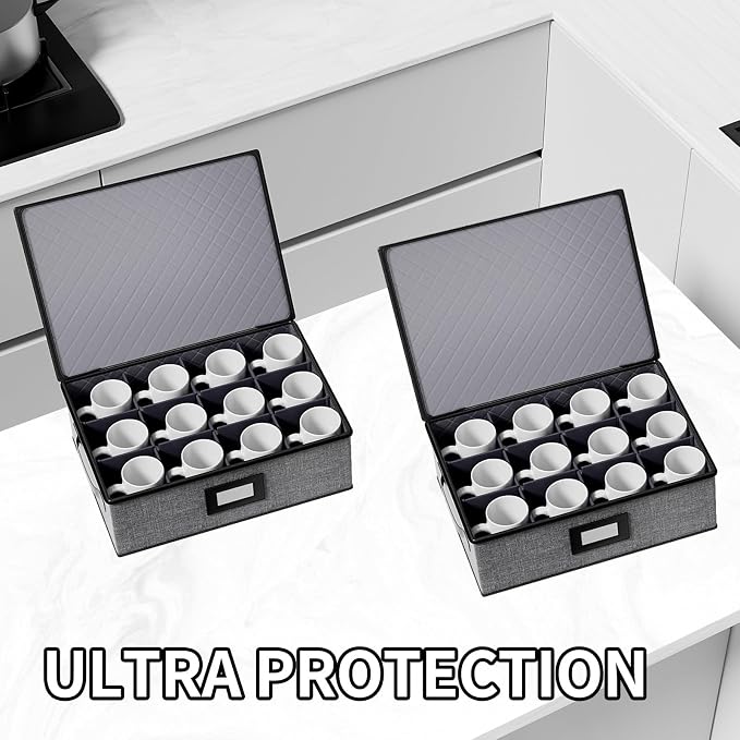 Aokeyee 2-Pack Cup & Mug Storage Box with Dividers, Hard Shell Organizer with Lid, Handles, Zippers & Label Slot, Holds 24 Mugs, Teacups & Glasses, Stackable Containerfor Moving & Protection, Grey