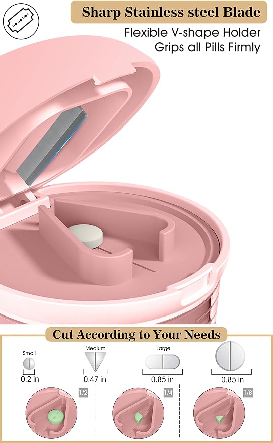 Pill Cutter Splitter with Dispenser, Pill Cutter for Small or Large Pills, Crushes Pills, Vitamins, Tablets, Stainless Steel Blade, Removable Drinking Cup (Pink-1)