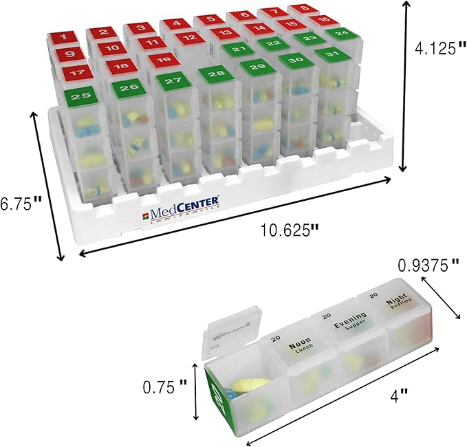 MedCenter 31-Day HSA/FSA Low Profile Pill Organizer with Travel Pouch & Tweezers – Monthly Medication Management System with Daily Labeled Pill Boxes for Home & Travel Use
