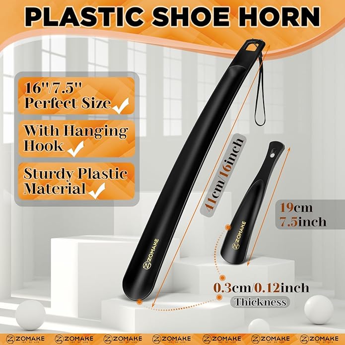 ZOMAKE Long Plastic Shoe Horn,Plastic ShoeHorn Long Handle for Seniors Men Women,Travel Small Shoe Spoon Helper(16''&7.5'')