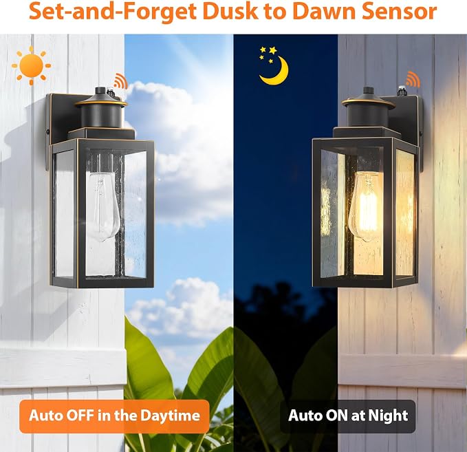 2-Pack Dusk to Dawn Outdoor Wall Lights, Black with Gold Trim | Auto ON/OFF, Waterproof, Rust-Resistant, Durable Metal & Seeded Glass, Easy to Install, Ideal for Front Door, Garage